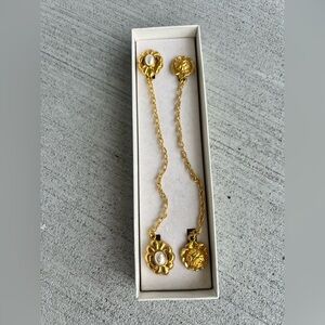 Vintage Gold Tone Dress Clips Chain Pearl Rose Sweater Guard